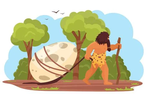 Primitive man with prehistoric dinosaur egg, stone age hungry hunter caveman Stock Illustration