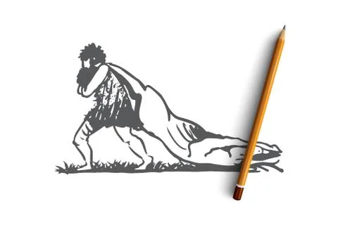 Primitive, man, prey, caveman, hunter concept. Hand drawn isolated vector. Stock Illustration