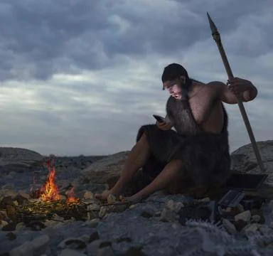 Primitive man siting on the stone with smartphone concept 3d illustration Stock Illustration