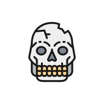 Primitive man skull, Pithecanthropus bones, human remains flat color line icon. Stock Illustration
