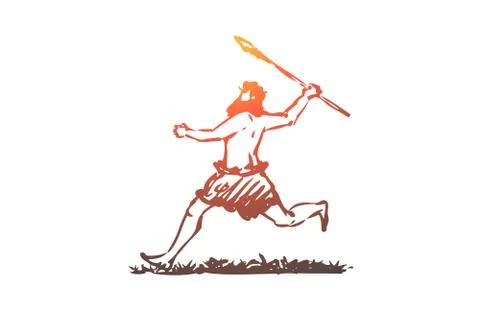 Primitive, man, spear, caveman, hunter concept. Hand drawn isolated vector. Stock Illustration