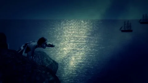 Primitive Native American Watching Spanish Sailing Ships on the Horizon Stock Footage 83735149