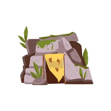 Primitive neanderthal people cave, flat cartoon vector illustration isolated. Illustrazione stock