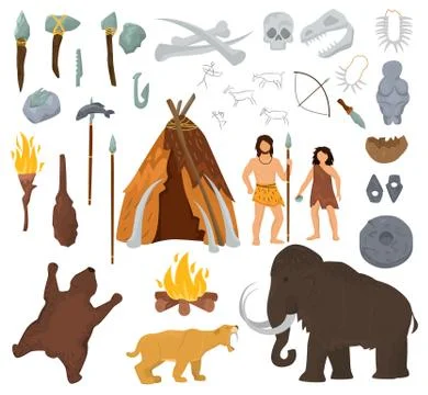 Primitive people vector mammoth and ancient caveman character in stone age cave 스톡 일러스트