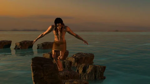 Primitive pre historic man jump Stock Footage 293338932