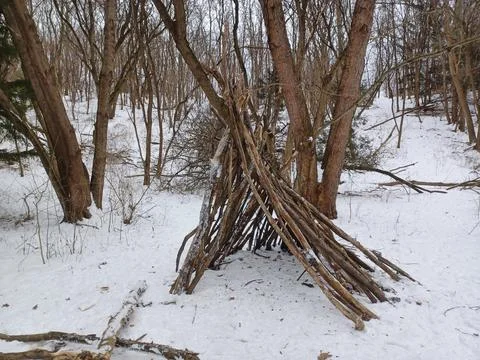 Primitive teepee shelter made from branches in winter forest. Stock Photos