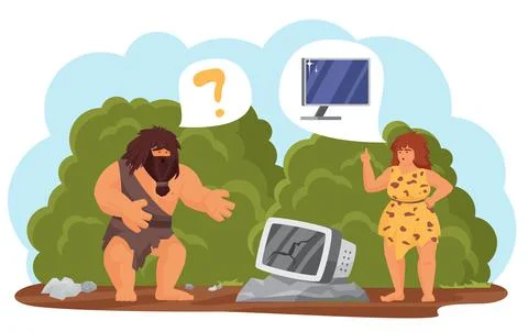 Primitive tribe people with modern technology, cave man and woman dreaming of Stock Illustration