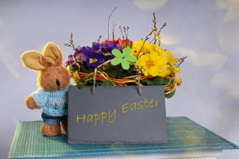 Primroses on a white stepladder as easter decoration Stock Photos