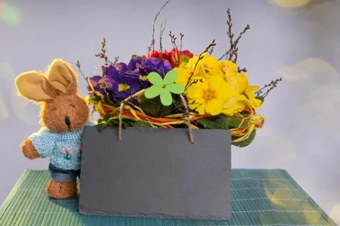 Primroses on a white stepladder as easter decoration Stock Photos