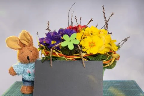Primroses on a white stepladder as easter decoration Stock Photos