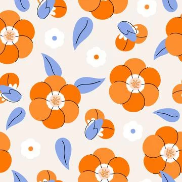 Primula flower vector seamless pattern. Summer spring orange flower Stock Illustration