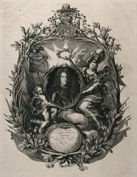 Prince Eugene of Savoy, head and shoulders, in a rococo frame decorated wit.. Illustrazione stock