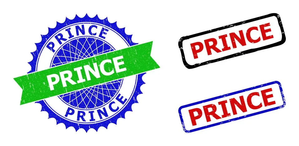 PRINCE Rosette and Rectangle Bicolor Badges with Scratched Styles Stock Illustration