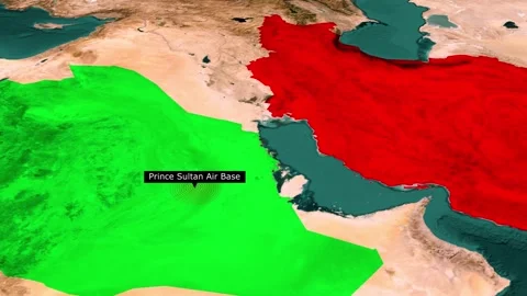 Prince Sultan Air Base Location Map Relative to Iran, 3D Military Map Animati Stock Footage 344327185