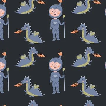 Princess and dragon pattern design for children's fabric or wallpaper Stock Illustration