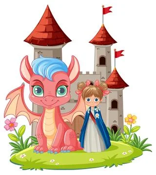 Princess and Friendly Dragon in Front of Castle Stock Illustration