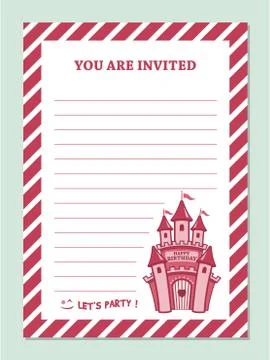 Princess Birthday Party Invitation Card Template With Stripped Border And Cas Stock Illustration