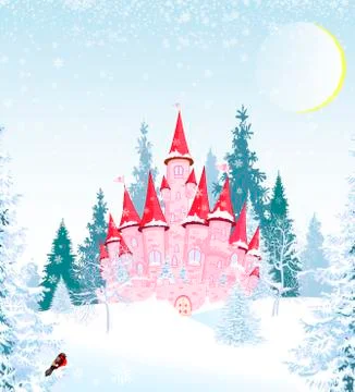 Princess castle in winter forest Stock Illustration
