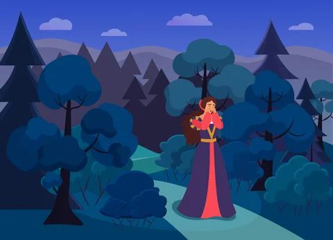 Princess crying in night scary forest, waiting for knight savior, fairytale Stock Illustration