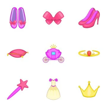 Princess elements icons set, cartoon style Stock Illustration