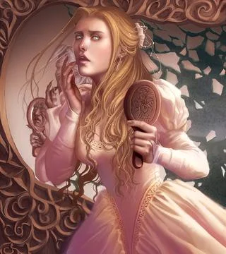 Princess fairy tale holding mirror with fear in face of getting old witch Stock Illustration