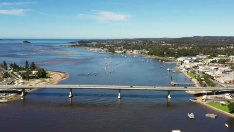 Princess highway bridge over Clyde river in Batemans bay town of coast 4k. Stock Footage 185998068