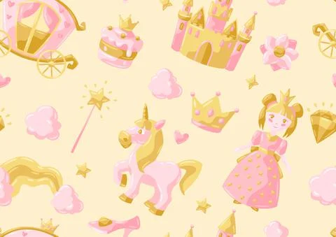 Princess party items seamless pattern. Stockillustratie