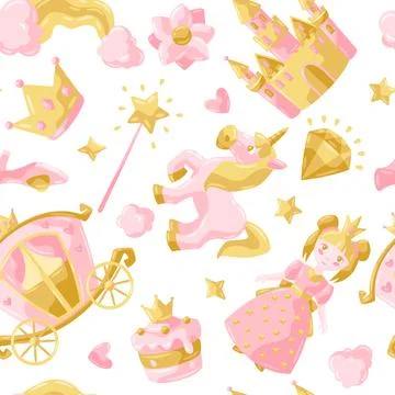 Princess party items seamless pattern. Stockillustratie