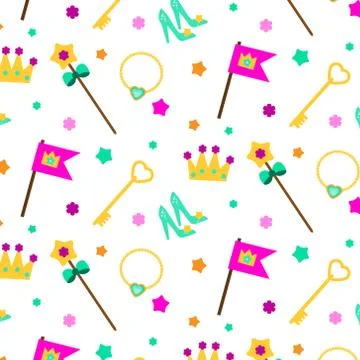 Princess party pattern. Vector background with girl elements crown, shoes, wa Stock-Illustration