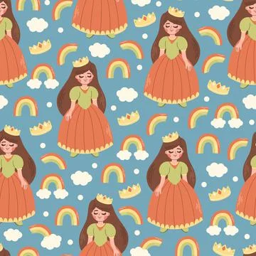 Princess rainbow and cloud seamless pattern vector Stock Illustration
