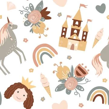 Princess seamless pattern in Scandinavian style. Castle, rainbow, flowers Stock Illustration