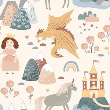 Princess seamless pattern in Scandinavian style. Castle, rainbow, flowers Stock Illustration