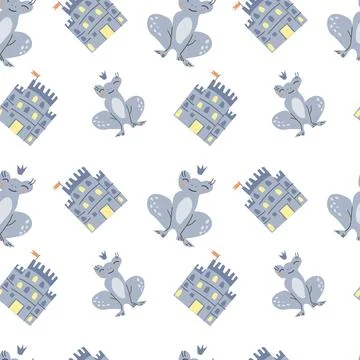 Princess theme pattern with frog and castle for children's design Stock Illustration