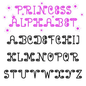 Princess vector alphabet font. Cute with curls English letters. For girls, fo Stock Illustration