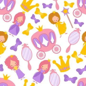 Princess vector seamless cartoon pattern. Magic girls fabric texture イラスト素材