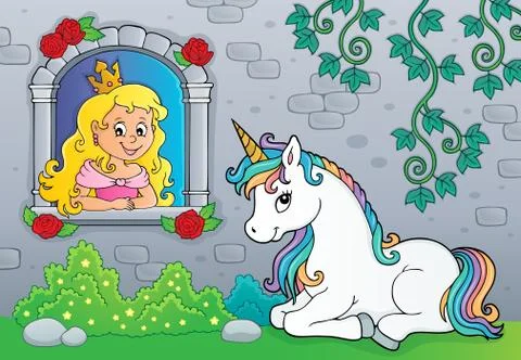 Princess in window and unicorn theme Stock Illustration