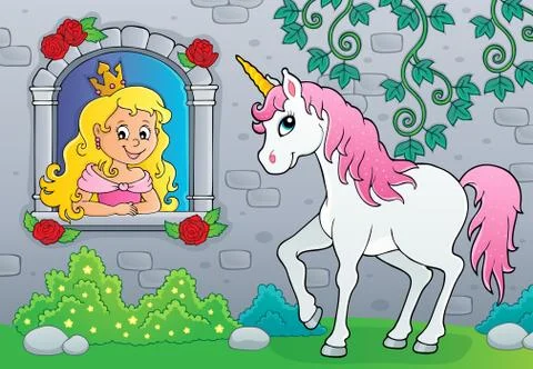 Princess in window and unicorn theme Stock Illustration