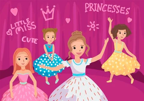 Princesses in puffy dresses dancing at the stage. Vector illustration Stock-Illustration
