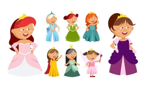 Princesses vector set cute collection of beautiful characters Stock Illustration