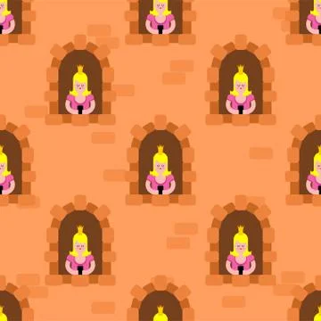 Princesses in windowpattern seamless. Castle windows background cartoon vecto Stock Illustration
