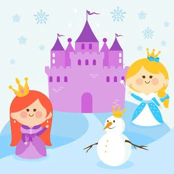 Princesses in a winter landscape with a castle. Vector Illustration Stock Illustration