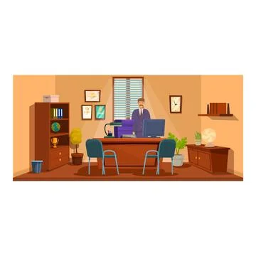 Principal standing in school office with large wooden desk Stock Illustration