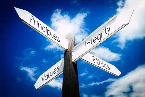 Principles, integrity, values, ethics concept - signpost with four arrows Stock Illustration