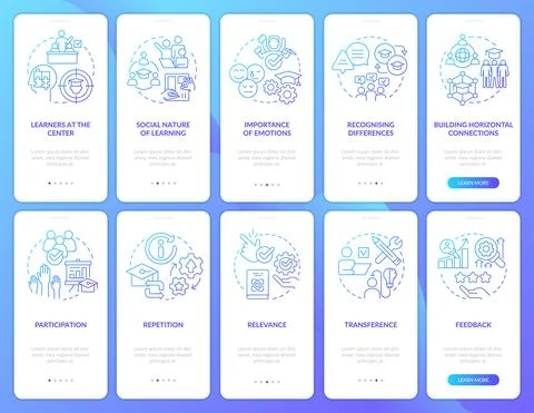 Principles of learning blue gradient onboarding mobile app screen set Stock Illustration