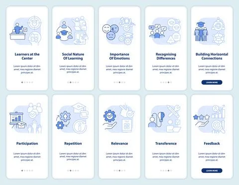 Principles of learning light blue onboarding mobile app screen set イラスト素材