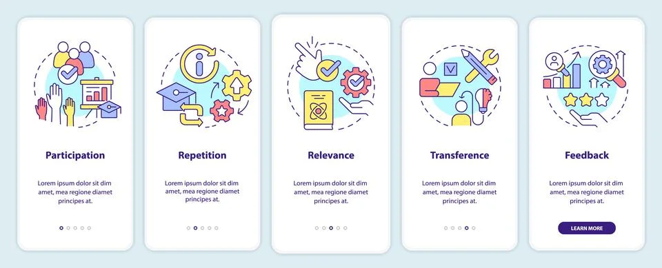 Principles of learning for students onboarding mobile app screen Illustrazione stock