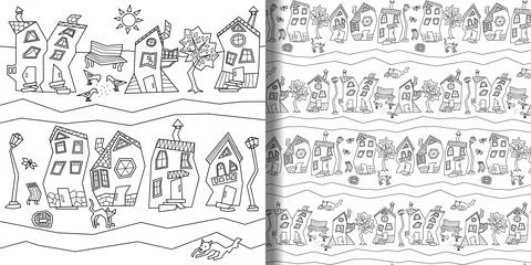 Print and seamless pattern set with abstract fantasy town street Stock Illustration