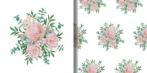 Print and seamless pattern set with flowers and greenery Stock Illustration