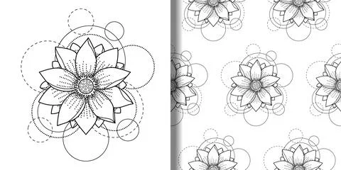 Print and seamless pattern set with lotus and circles Stock Illustration