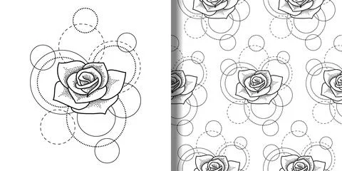 Print and seamless pattern set with rose and circles Stock Illustration